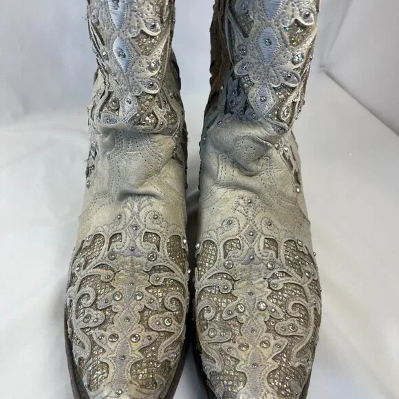 WOMEN'S WHITE GLITTERED INLAY AND CRYSTALS SNIP COWBOY BOOT 9M - Picture 7 of 16